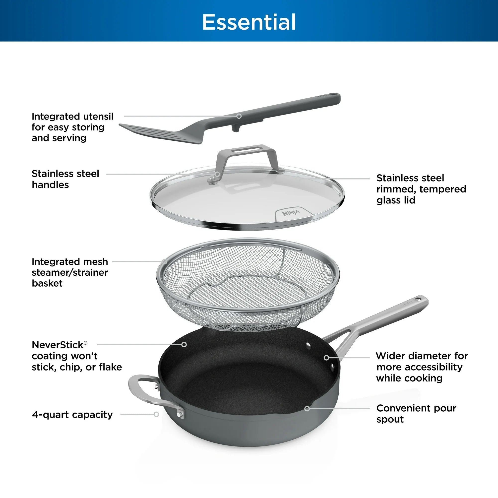 Ninja Foodi NeverStick 4 Qt Pan w/Lid & Strainer, Oven Safe, Sea Salt Grey(Used) - VMInnovations
