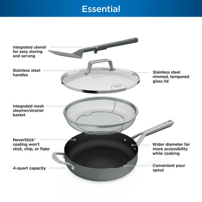 Ninja Foodi NeverStick 4 Qt Pan w/Lid & Strainer, Oven Safe, Sea Salt Grey(Used) - VMInnovations