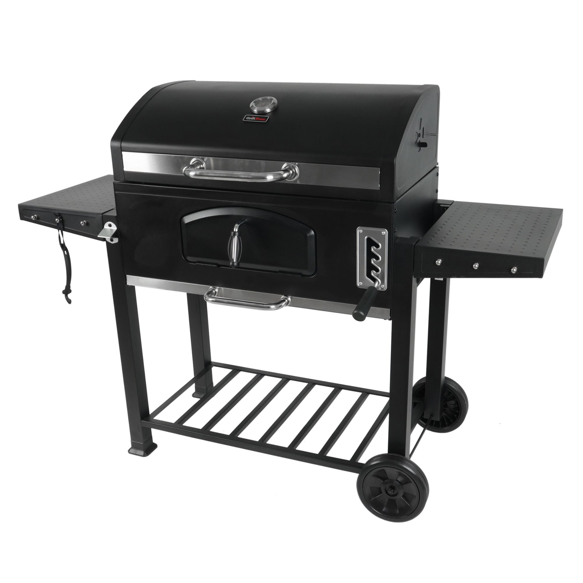 Grill Boss 32 Inch Charcoal BBQ Grill, Side Shelve w/ Thermometer, Blk(Open Box) - VMInnovations