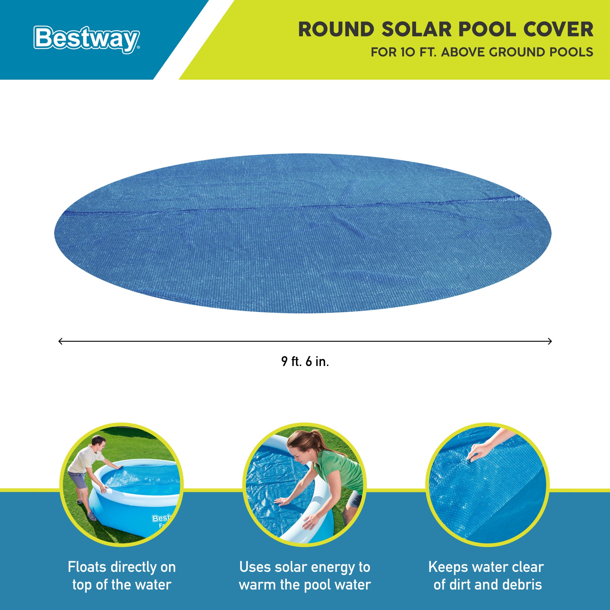 Bestway Round Solar Pool Cover for 10’ Round Above Ground Pools, Blue (Open Box) - VMInnovations