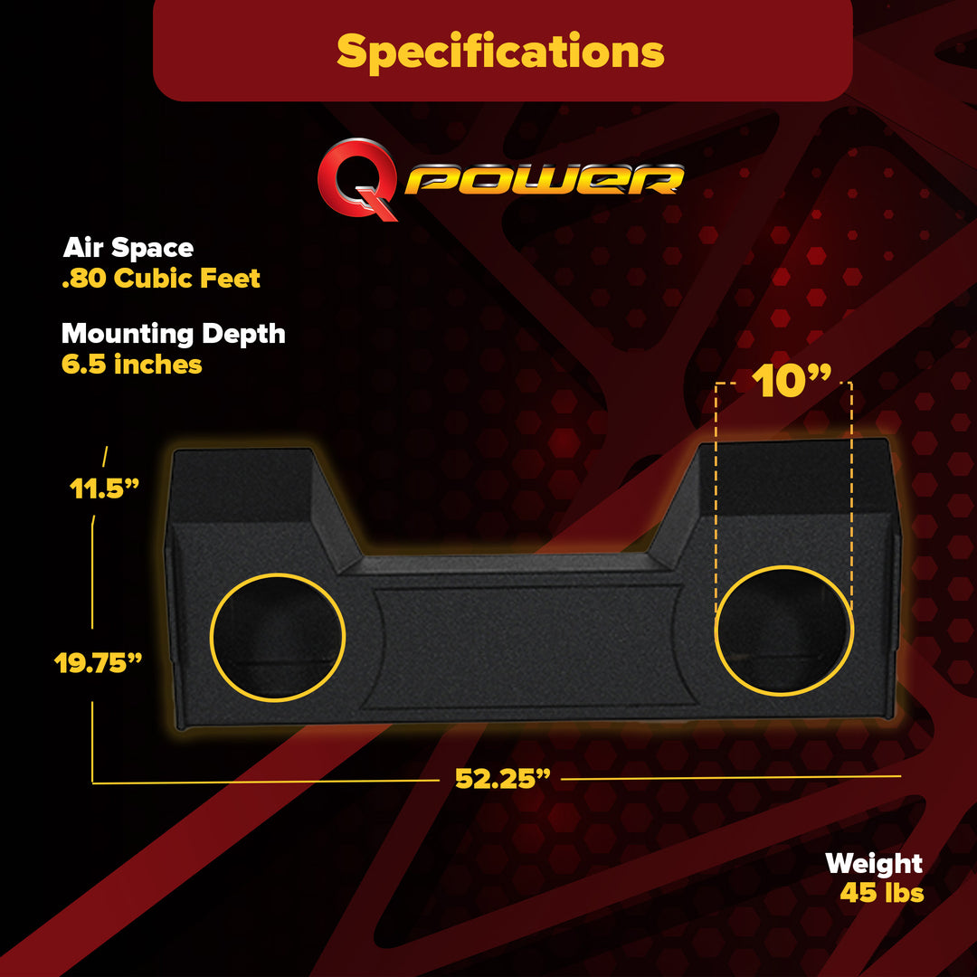Q Power Dual 10" Subwoofer Enclosure, 2019+ Dodge Crew, Audio Box, Black