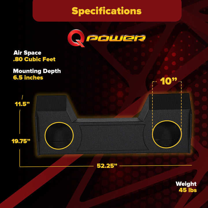 Q Power Dual 10" Subwoofer Enclosure, 2019+ Dodge Crew, Audio Box, Black