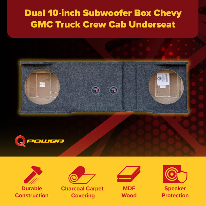 Q Power Dual 10 Inch Subwoofer Box Chevy GMC Truck Crew Cab Underseat Enclosure