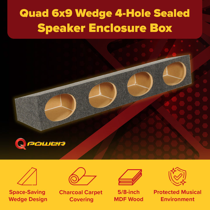 Q Power Quad 6x9 Wedge Speaker Box, 4-Hole Sealed Enclosure with Charcoal Carpet
