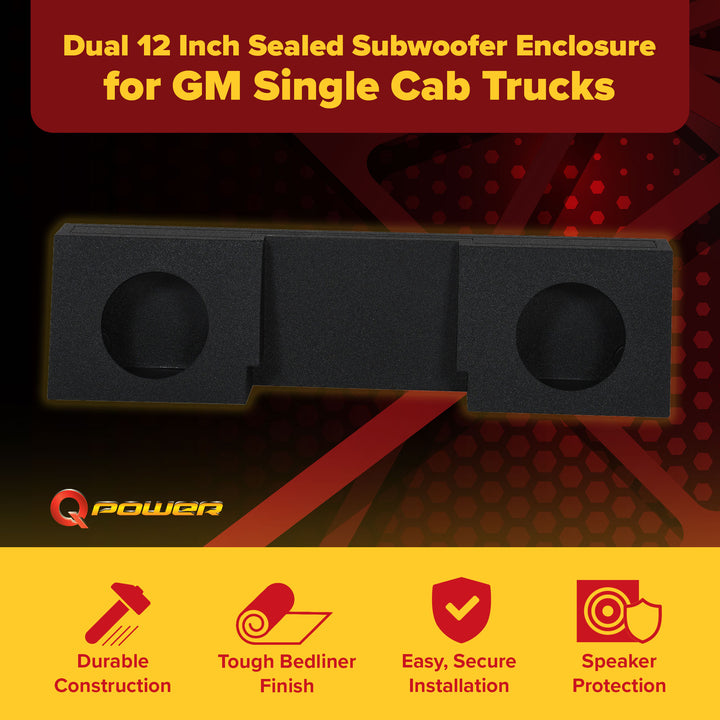Q Power QBOMB Dual 12" Sealed Subwoofer Enclosure GM Single Cab Behind Seat Fit