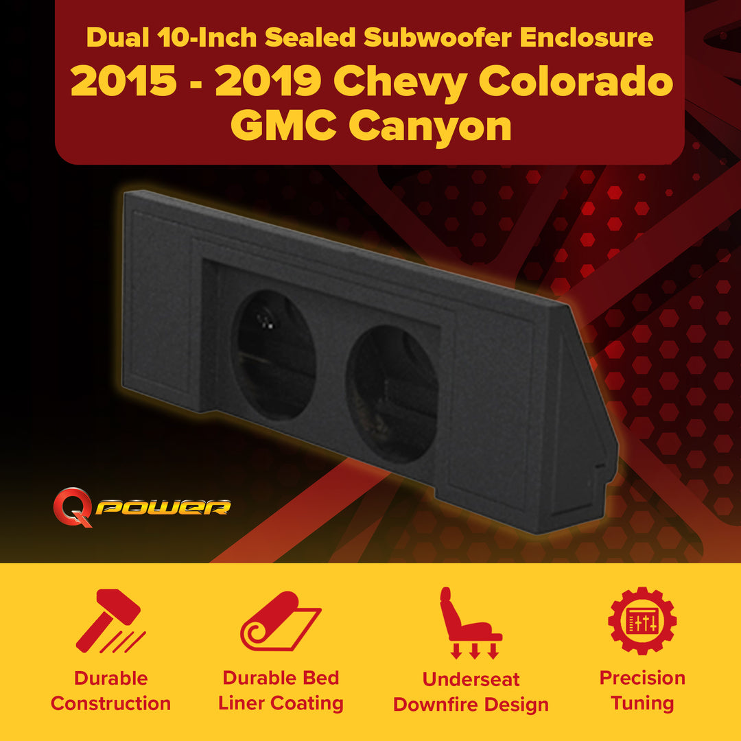 Q Power Dual 10-Inch Sealed Subwoofer Enclosure Chevy Colorado/GMC Canyon, Black