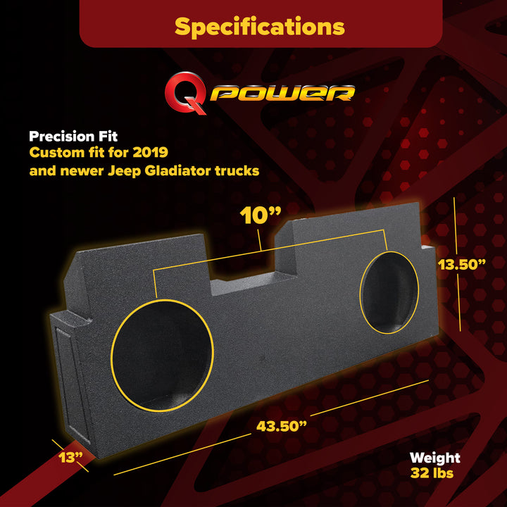 Q Power Dual 10-Inch Sealed Subwoofer Enclosure Gladiator Upfire for Jeep, Black