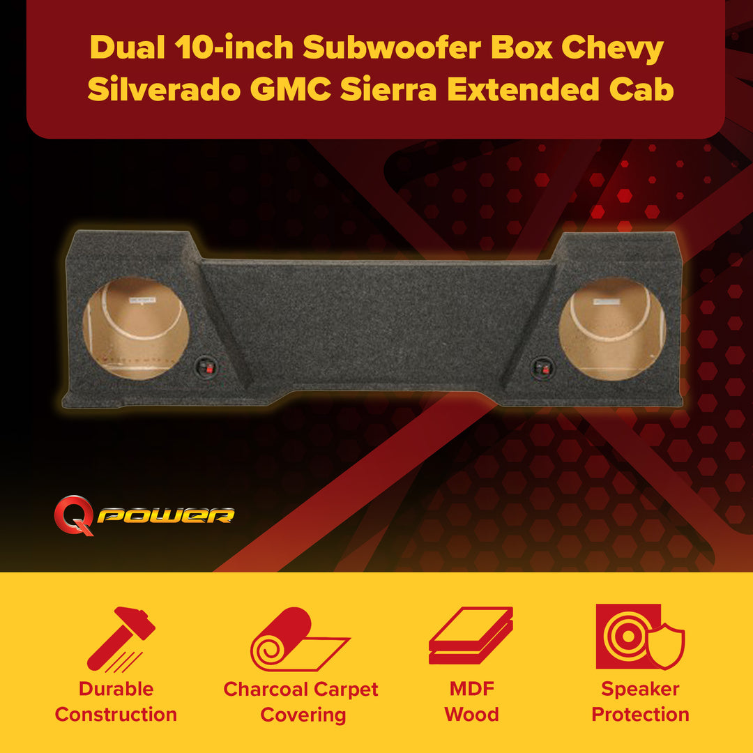 Q Power Dual 10 Inch Subwoofer Box for Chevy Silverado GMC Sierra Extended Cab