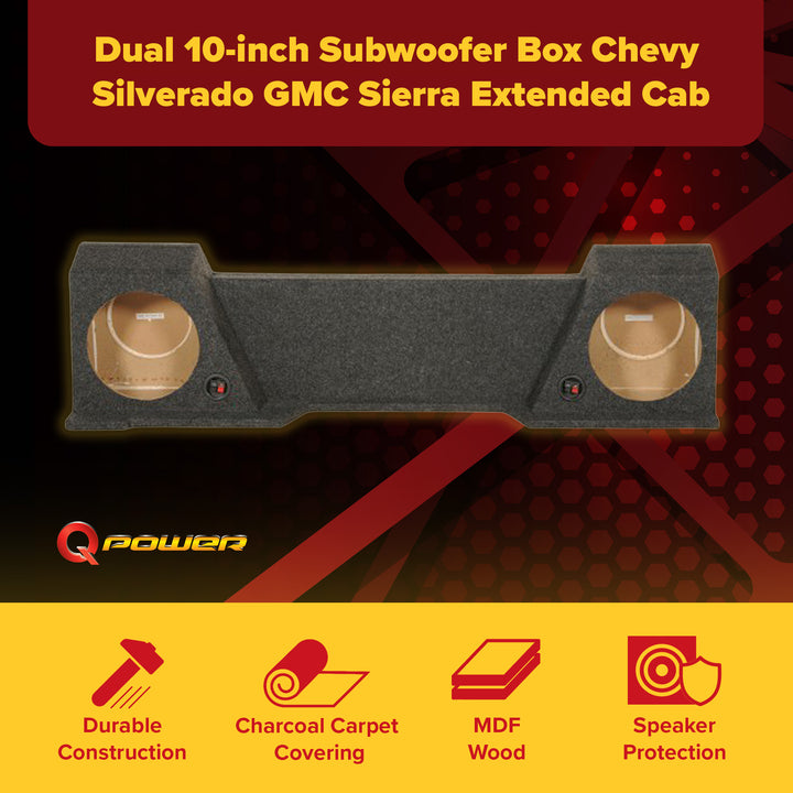 Q Power Dual 10 Inch Subwoofer Box for Chevy Silverado GMC Sierra Extended Cab