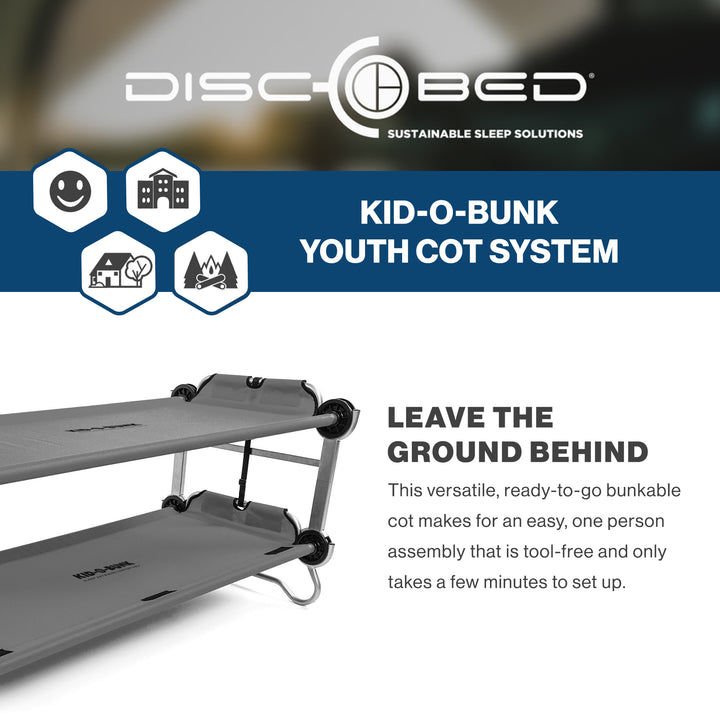 Disc-O-Bed Youth Double Cot Kid-O-Bunk, Storage Organizers & Carry Bag, Grey