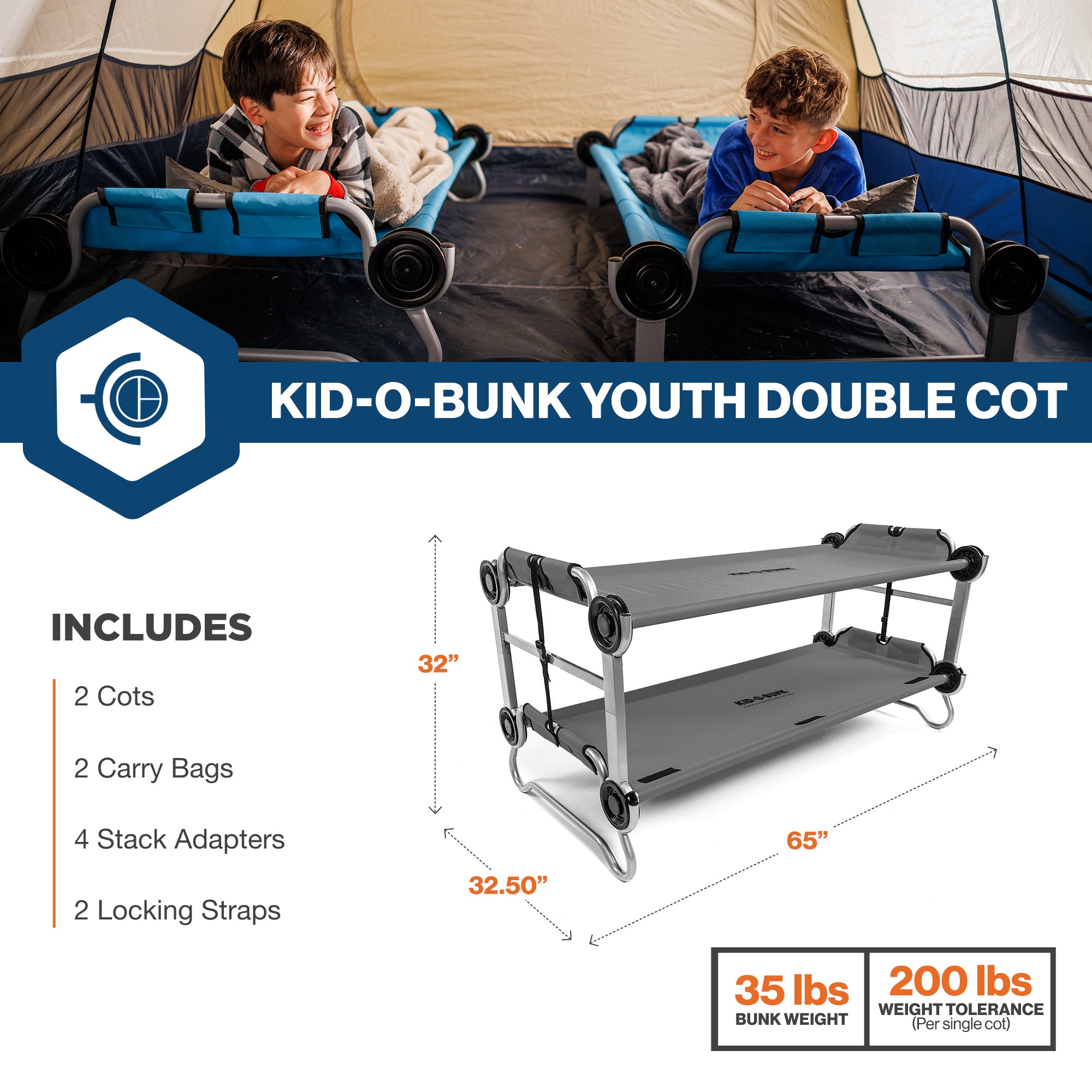 Disc-O-Bed Large Outdoor 2 Person Camping Cots and Youth Double Cot Kid-O-Bunk