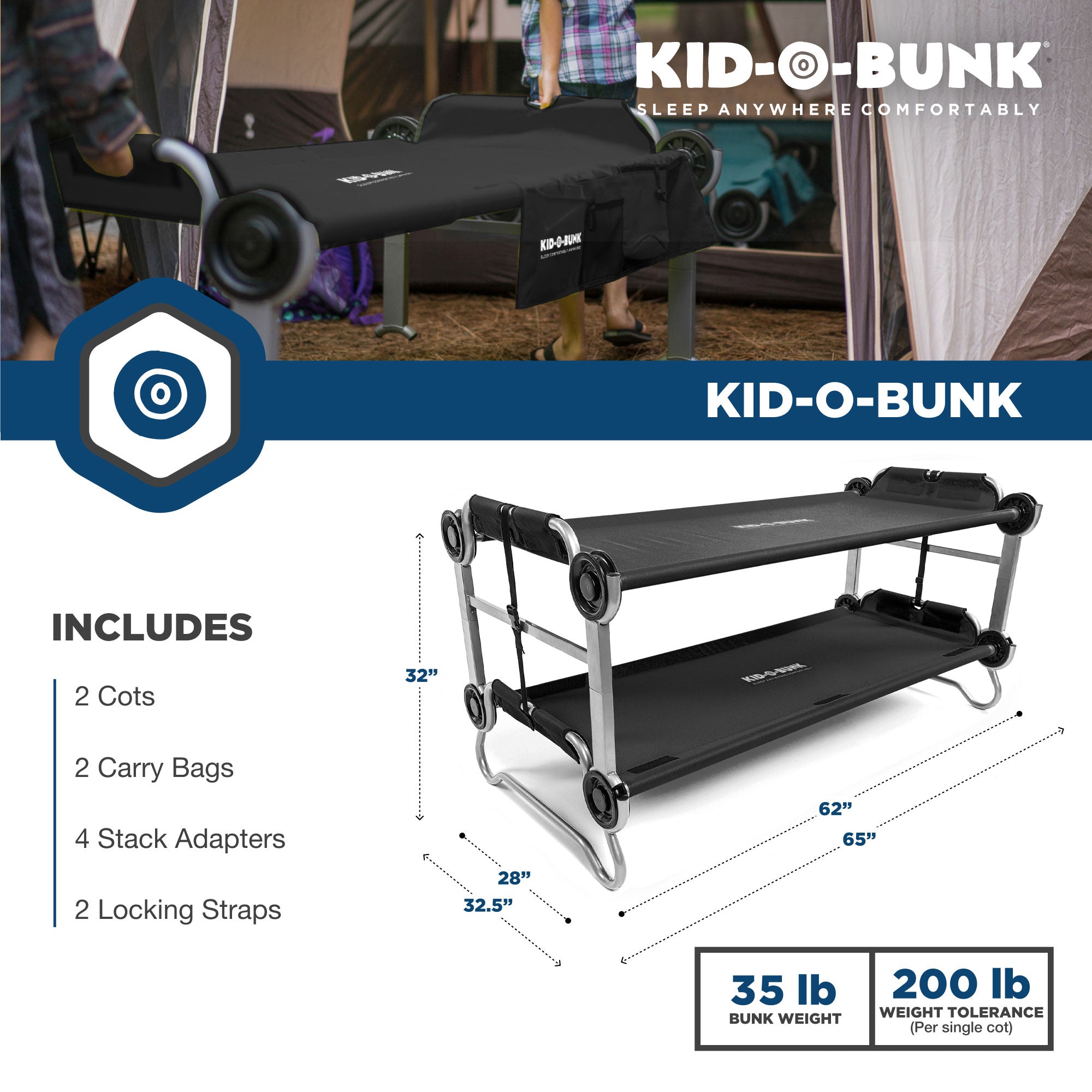 Disc-O-Bed Youth Kid-O-Bunk Benchable Double Cot with Storage Organizers, Black