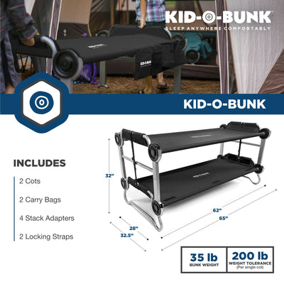 Disc-O-Bed Youth Kid-O-Bunk Benchable Double Cot with Storage Organizers, Black