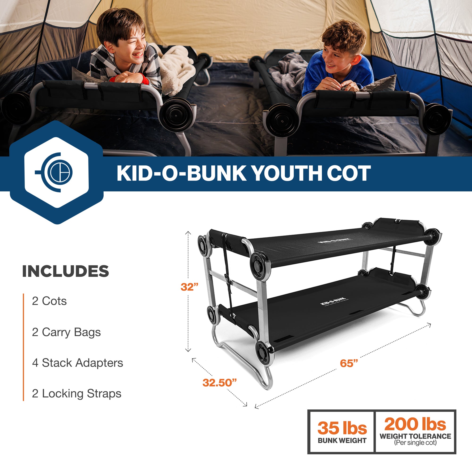 Disc-O-Bed Youth Double Cot Kid-O-Bunk w/ 200 Pound Capacity & Carry Bags (Used)