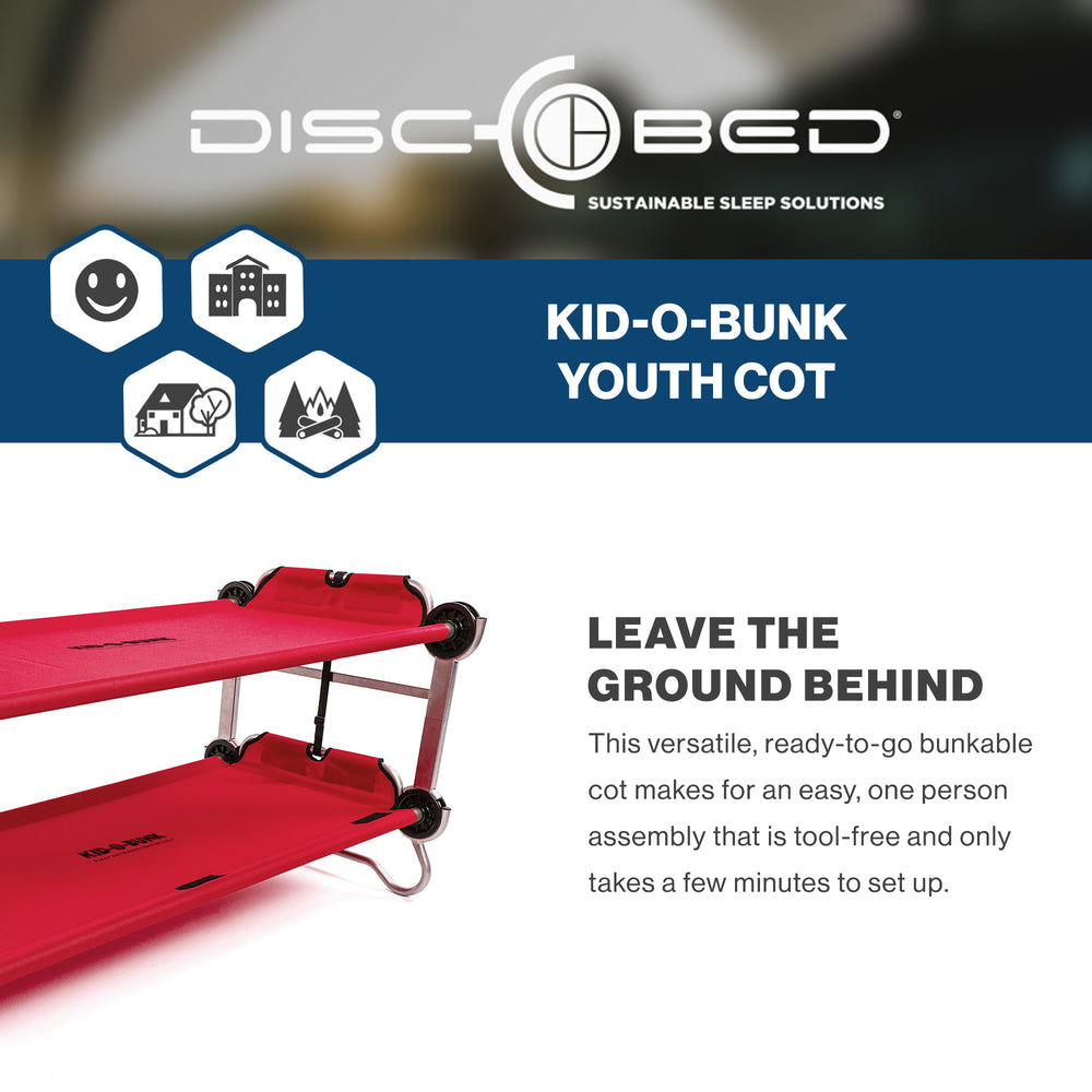 Disc-O-Bed Youth Double Cot Kid-O-Bunk w/ 200 Pound Capacity & Carry Bags, Red - VMInnovations