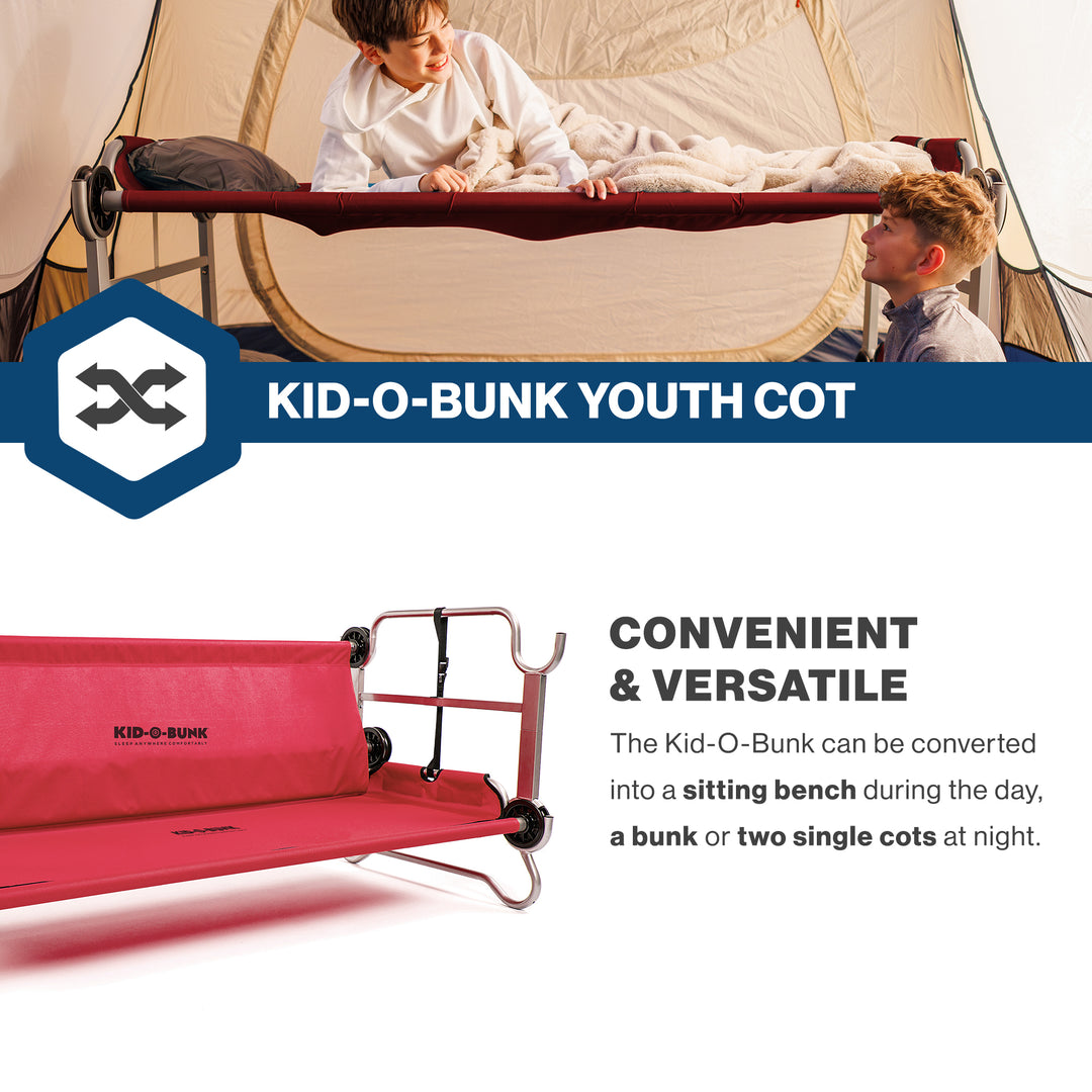 Disc-O-Bed Youth Double Cot Kid-O-Bunk w/ 200 Pound Capacity & Carry Bags, Red - VMInnovations