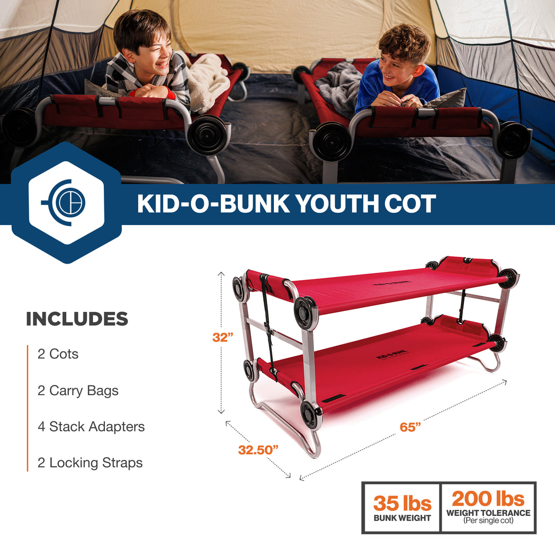 Disc-O-Bed Youth Double Cot Kid-O-Bunk w/ 200 Pound Capacity & Carry Bags, Red - VMInnovations