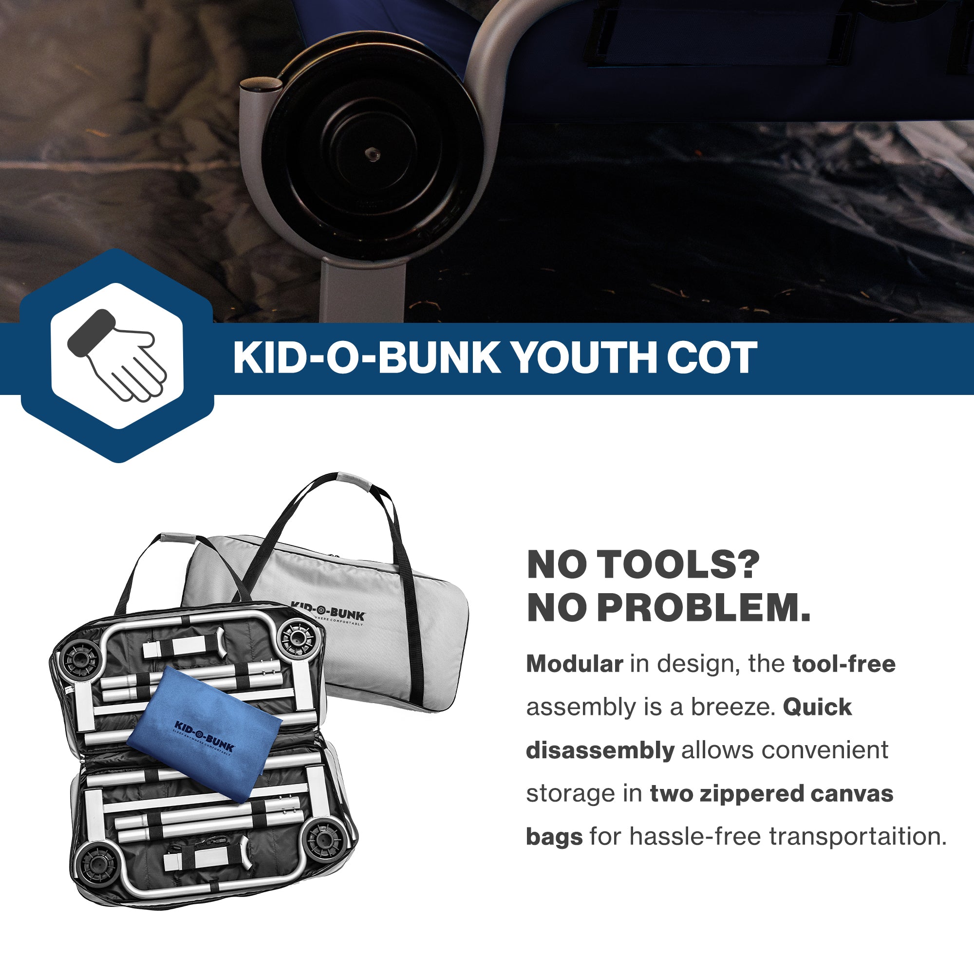 Disc-O-Bed Youth Double Cot Kid-O-Bunk w/ 200 Pound Capacity & Carry Bags, Navy - VMInnovations