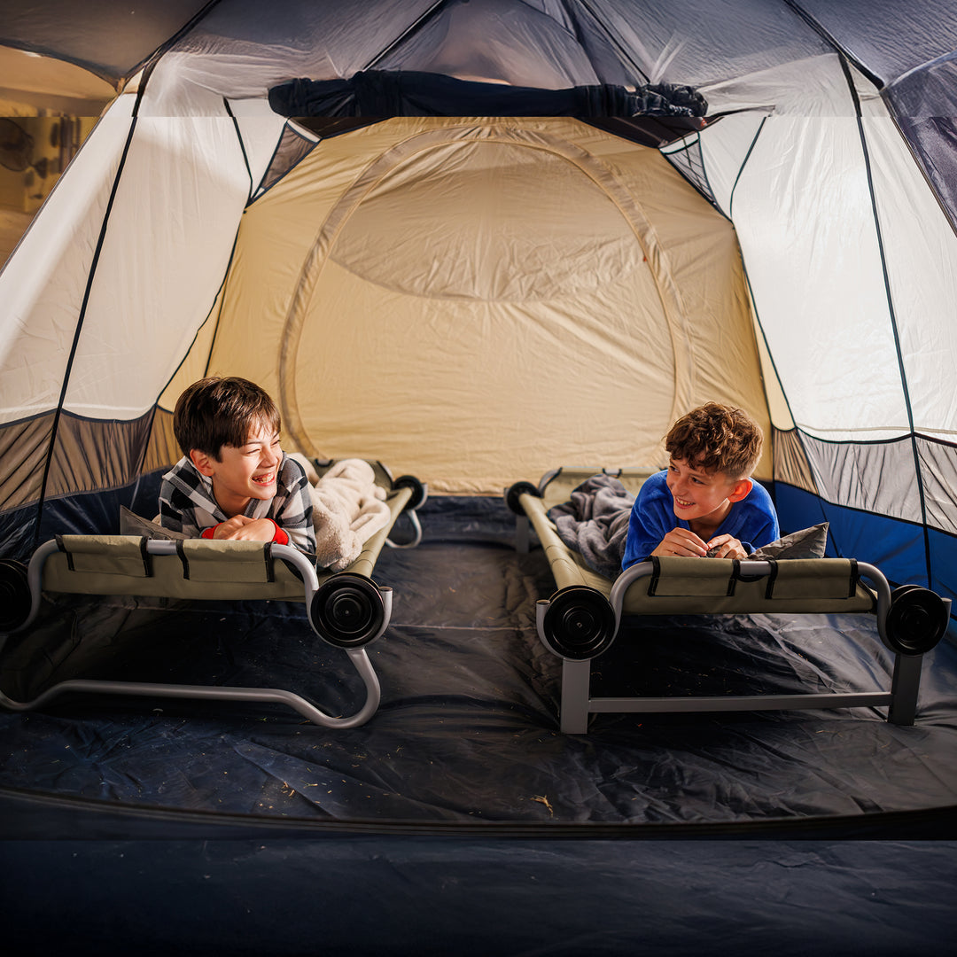 Disc-O-Bed Double Cot Kid-O-Bunk w/ 200 Pound Capacity & Carry Bags, Tan (Used)