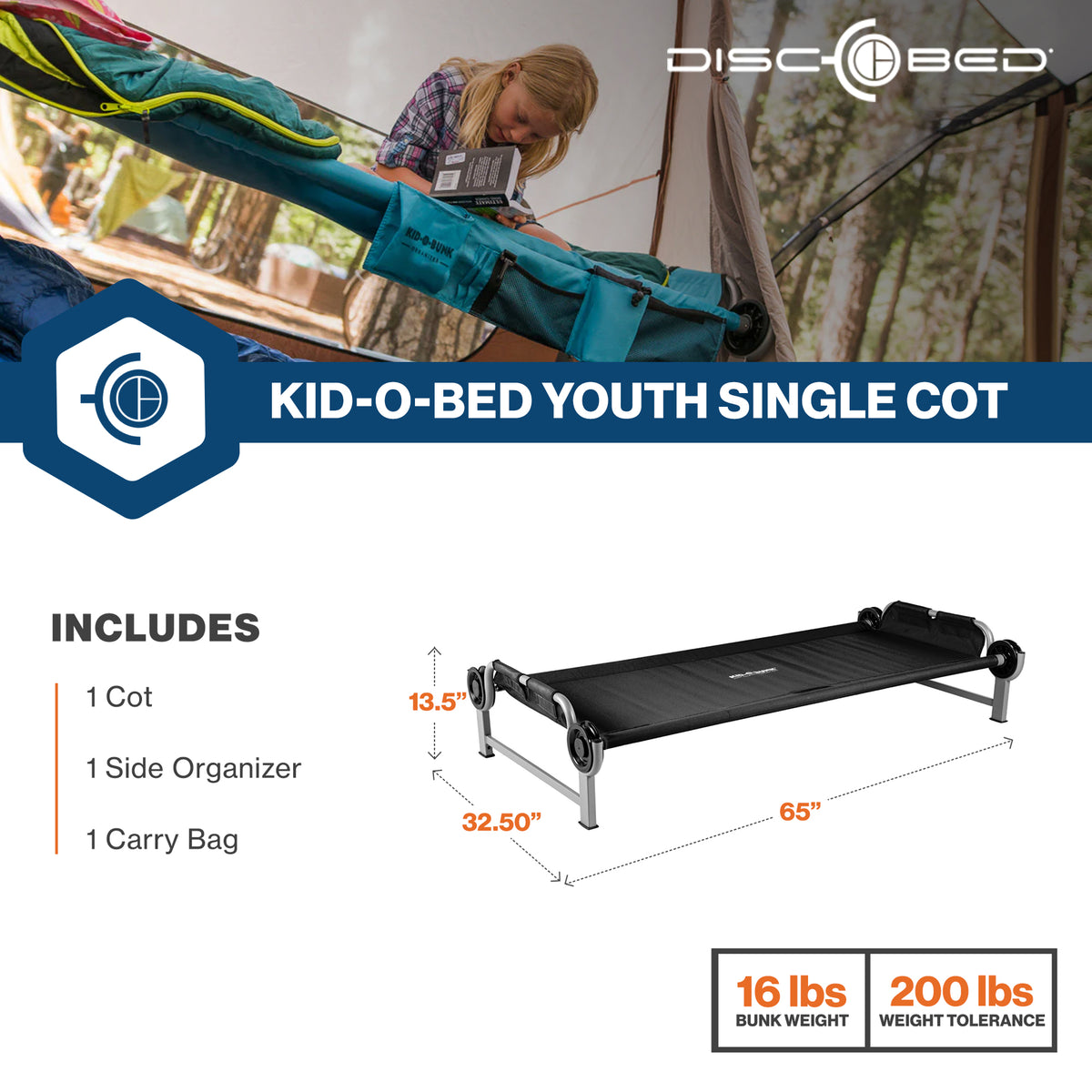 Disc-O-Bed Youth Single Cot Kid-O-Bed w/ Storage Organizer & Carry Bag(Open Box) - VMInnovations