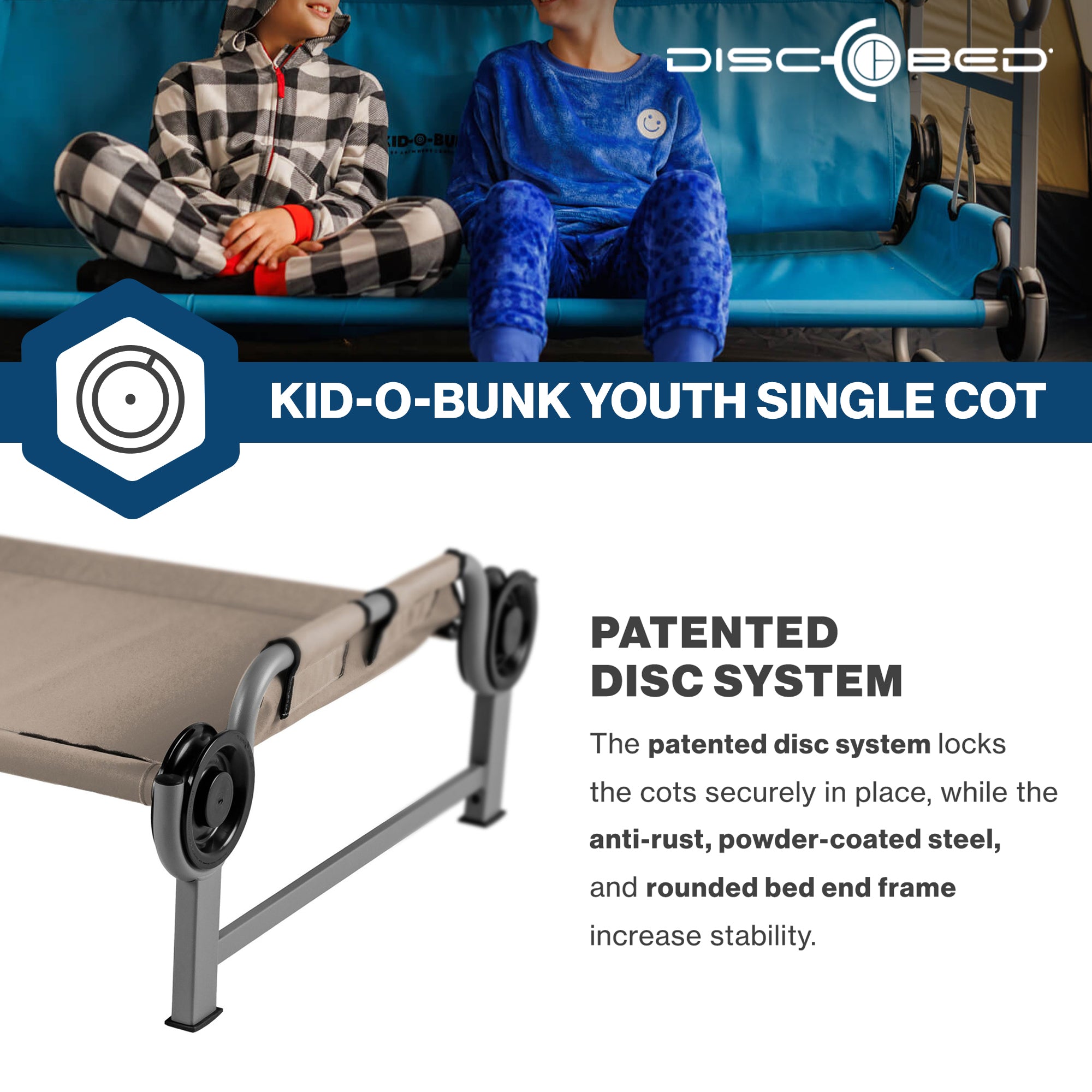 Disc-O-Bed Youth Single Cot Kid-O-Bed, Portable Bunk with Travel Carry Bag, Tan - VMInnovations