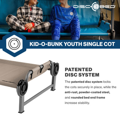 Disc-O-Bed Youth Single Cot Kid-O-Bed, Portable Bunk with Travel Carry Bag, Tan - VMInnovations