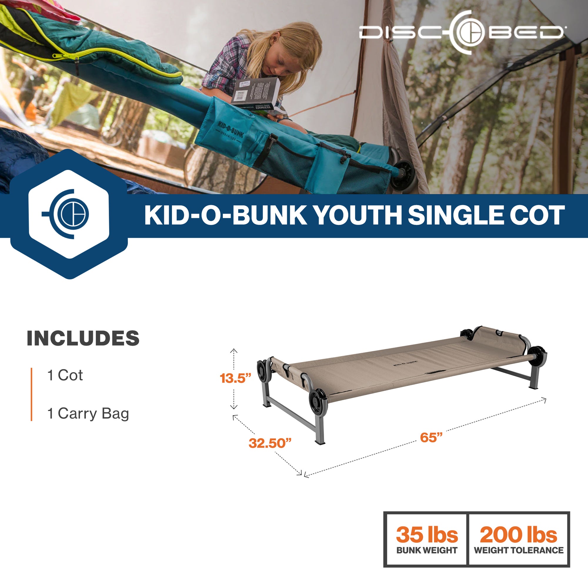 Disc-O-Bed Youth Single Cot Kid-O-Bed, Portable Bunk with Travel Carry Bag, Tan - VMInnovations