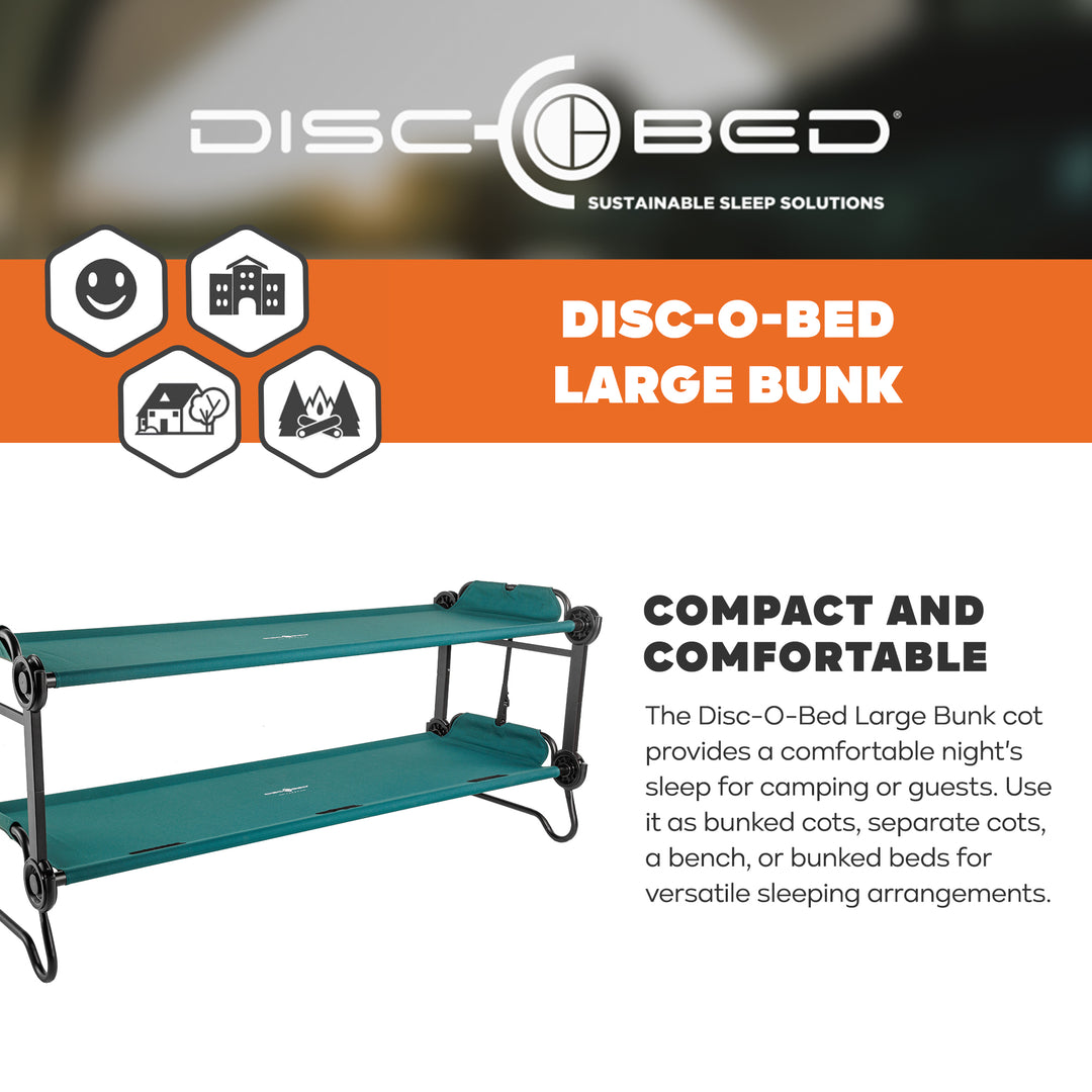 Disc-O-Bed Large Outdoor Convertible 2 Person Portable Camping Bunk Cots, Green