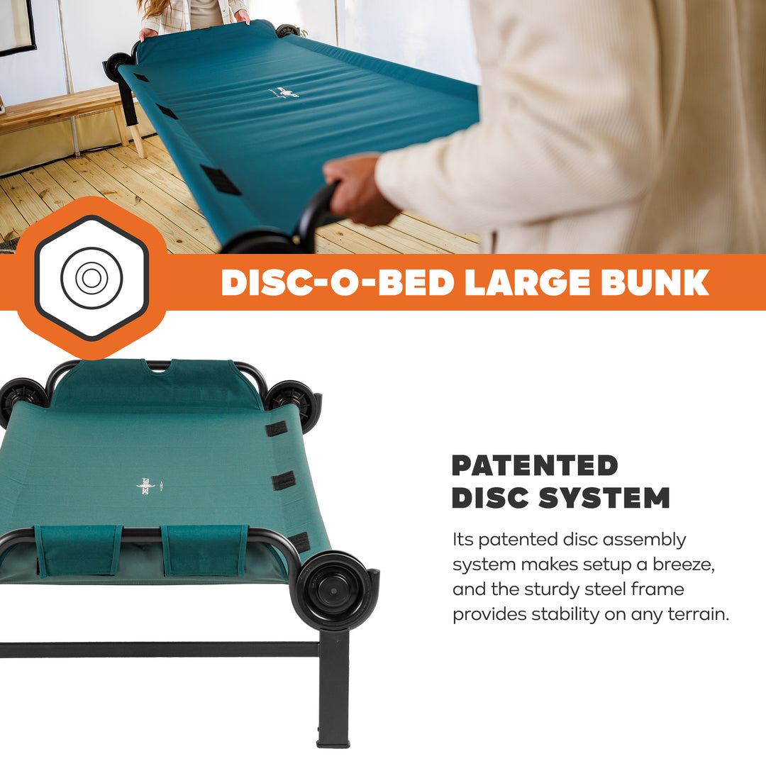 Disc-O-Bed Large Outdoor Convertible 2 Person Portable Camping Bunk Cots, Green
