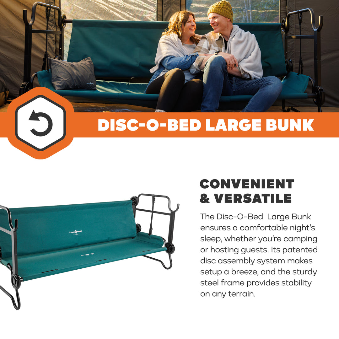 Disc-O-Bed Large Outdoor Convertible 2 Person Portable Camping Bunk Cots, Green