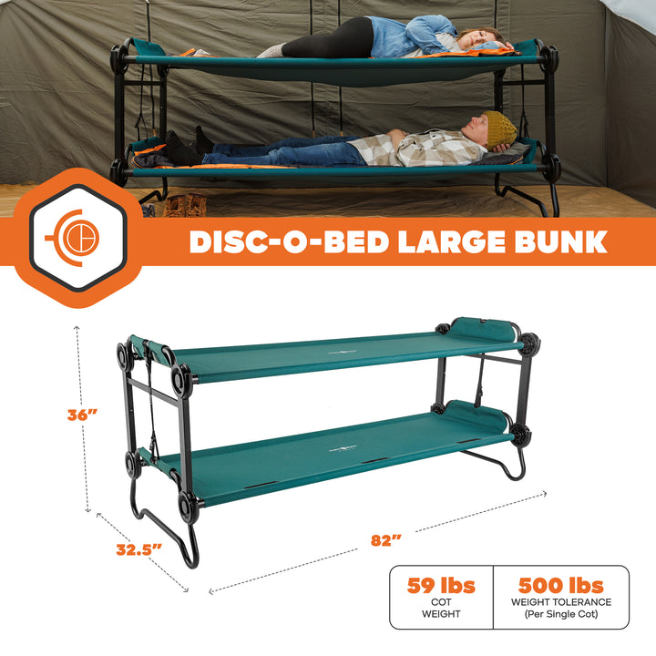 Disc-O-Bed Large Outdoor Convertible 2 Person Portable Camping Bunk Cots, Green