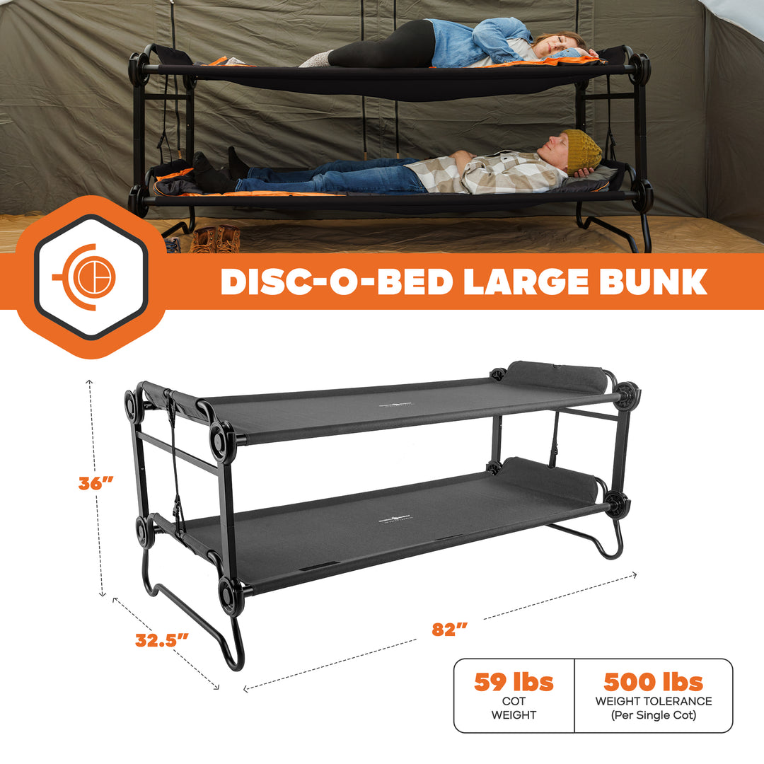 Disc-O-Bed Large Outdoor Convertible 2 Person Portable Camping Bunk Cots, Black