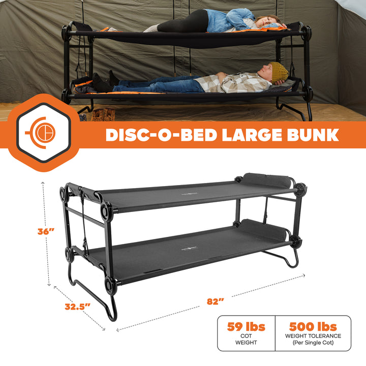 Disc-O-Bed Large Outdoor Convertible 2 Person Portable Camping Bunk Cots, Black
