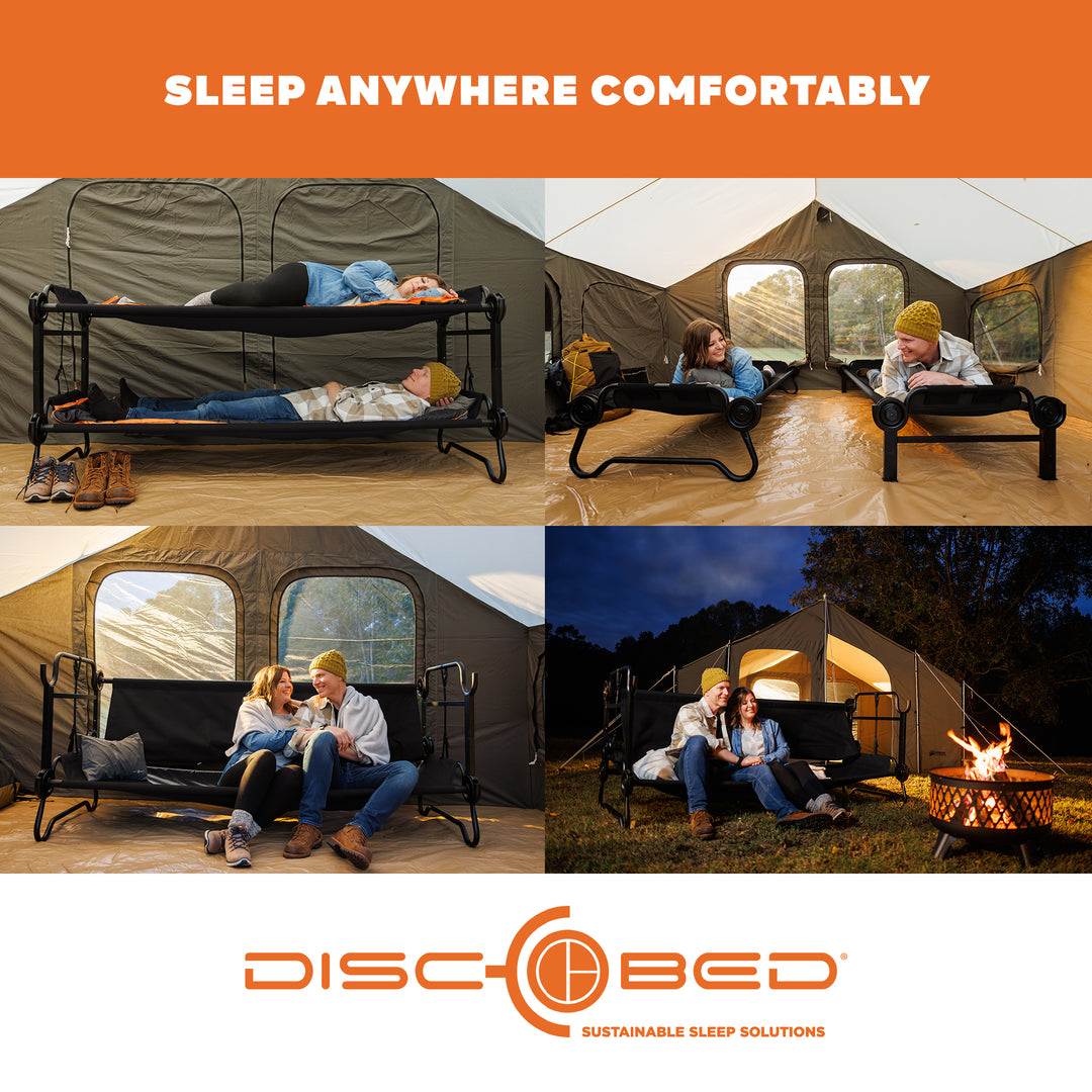 Disc-O-Bed Large Outdoor Convertible 2 Person Portable Camping Bunk Cots, Black