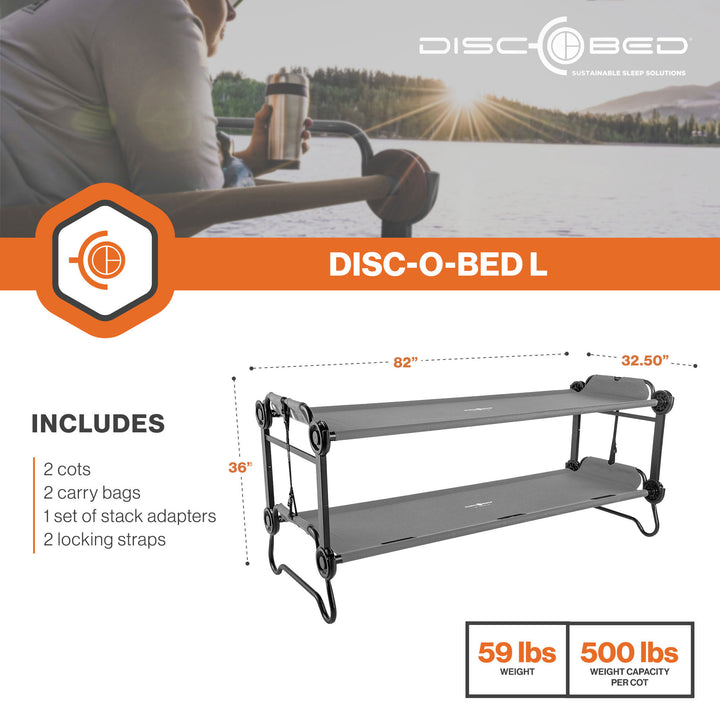 Disc-O-Bed Large Outdoor Convertible 2 Person Portable Camping Bunk Cots, Grey