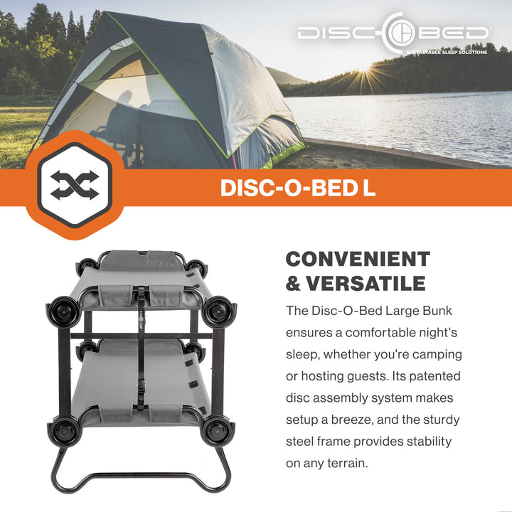 Disc-O-Bed Large Outdoor Convertible 2 Person Portable Camping Bunk Cots, Grey