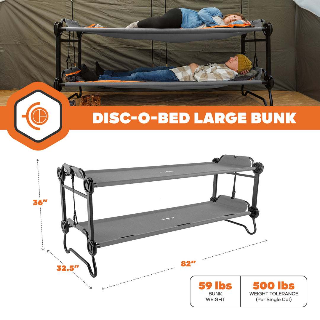 Disc-O-Bed Large Outdoor Convertible 2 Person Portable Camping Bunk Cots, Grey - VMInnovations