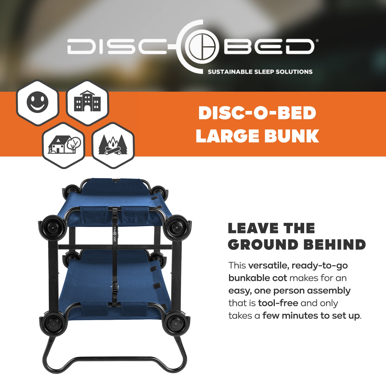 Disc-O-Bed Large Outdoor Convertible 2 Person Portable Camping Bunk Cots, Navy - VMInnovations