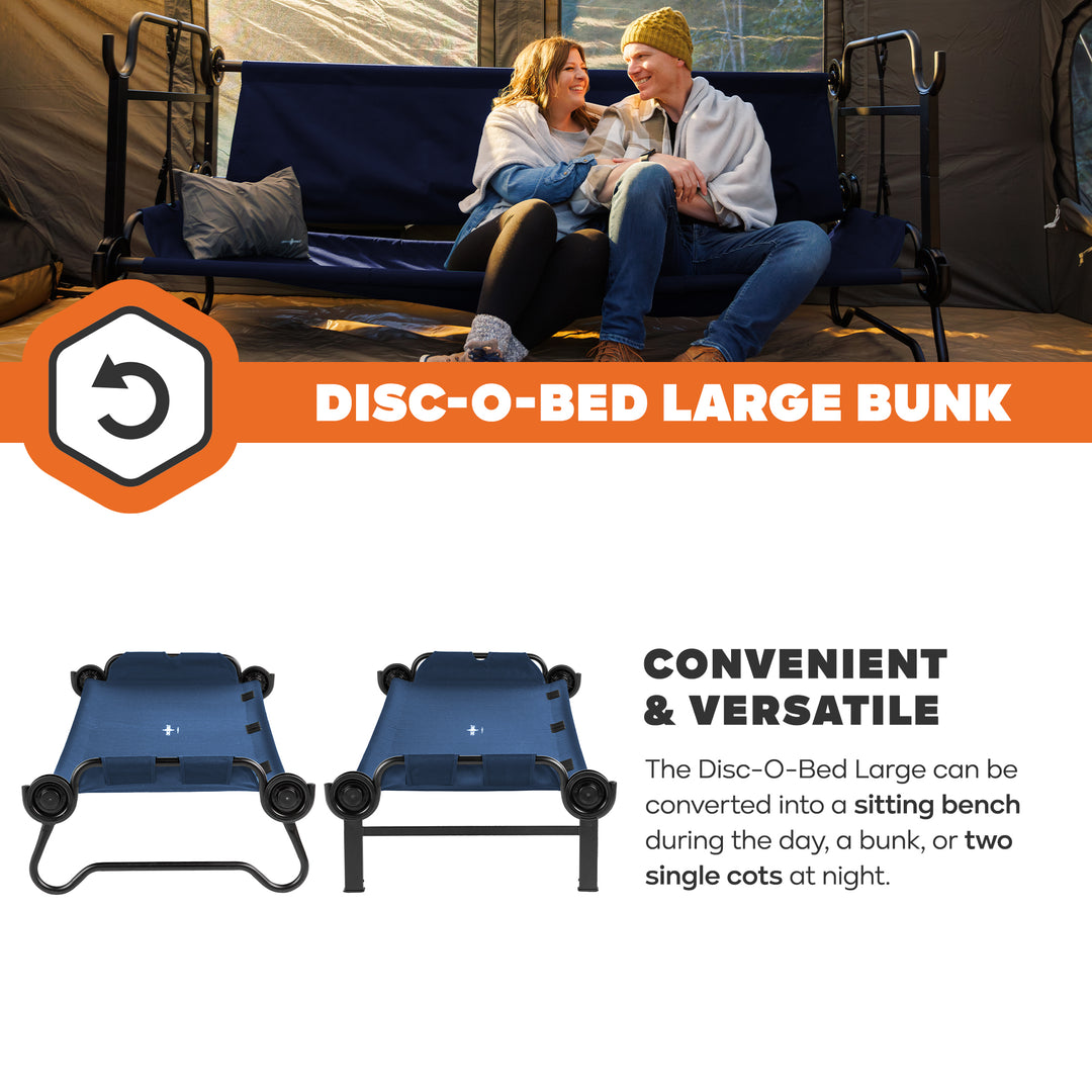 Disc-O-Bed Large Convertible 2 Person Portable Camping Bunk Cots, Navy (Used)