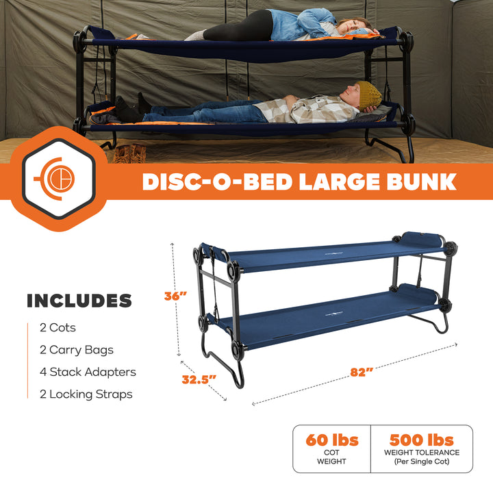 Disc-O-Bed Large Convertible 2 Person Portable Camping Bunk Cots, Navy (Used)