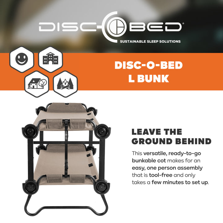 Disc-O-Bed Large Outdoor Convertible 2 Person Portable Camping Bunk Cots, Tan