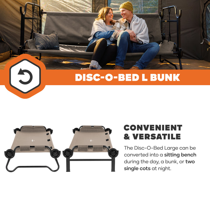 Disc-O-Bed Large Outdoor Convertible 2 Person Portable Camping Bunk Cots, Tan