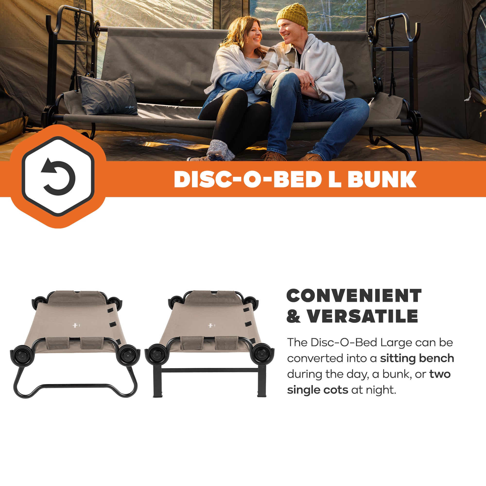 Disc-O-Bed Large Outdoor 2 Person Camping Cots and Youth Double Cot Kid-O-Bunk