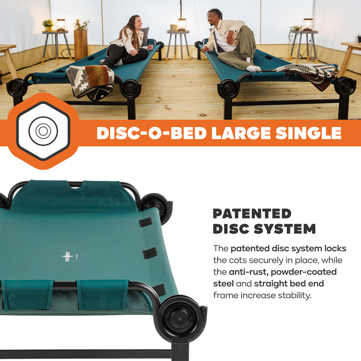 Disc-O-Bed Single Cot, Portable Sleep Solution for Tents & Cabins, Green, Large