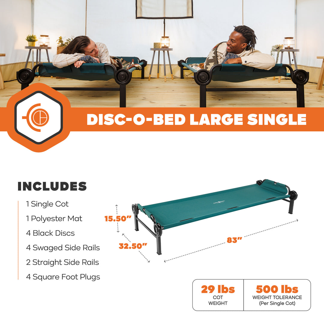 Disc-O-Bed Single Cot, Portable Sleep Solution for Tents & Cabins, Green, Large