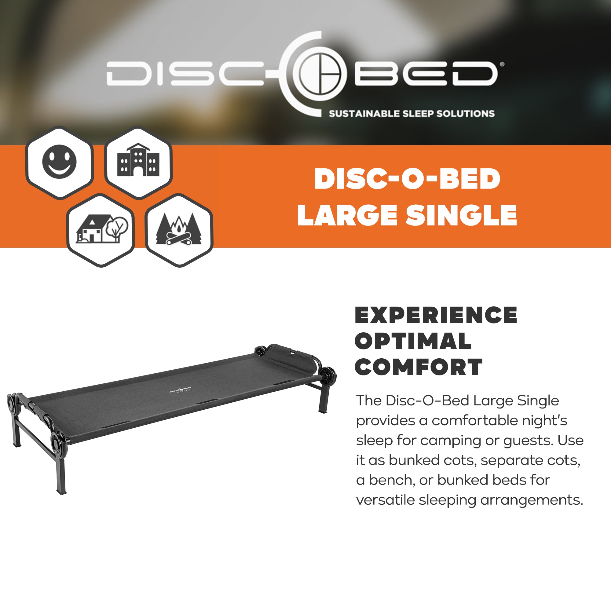 Disc-O-Bed Single Cot, Portable Sleep Solution for Tents & Cabins, Black, Large