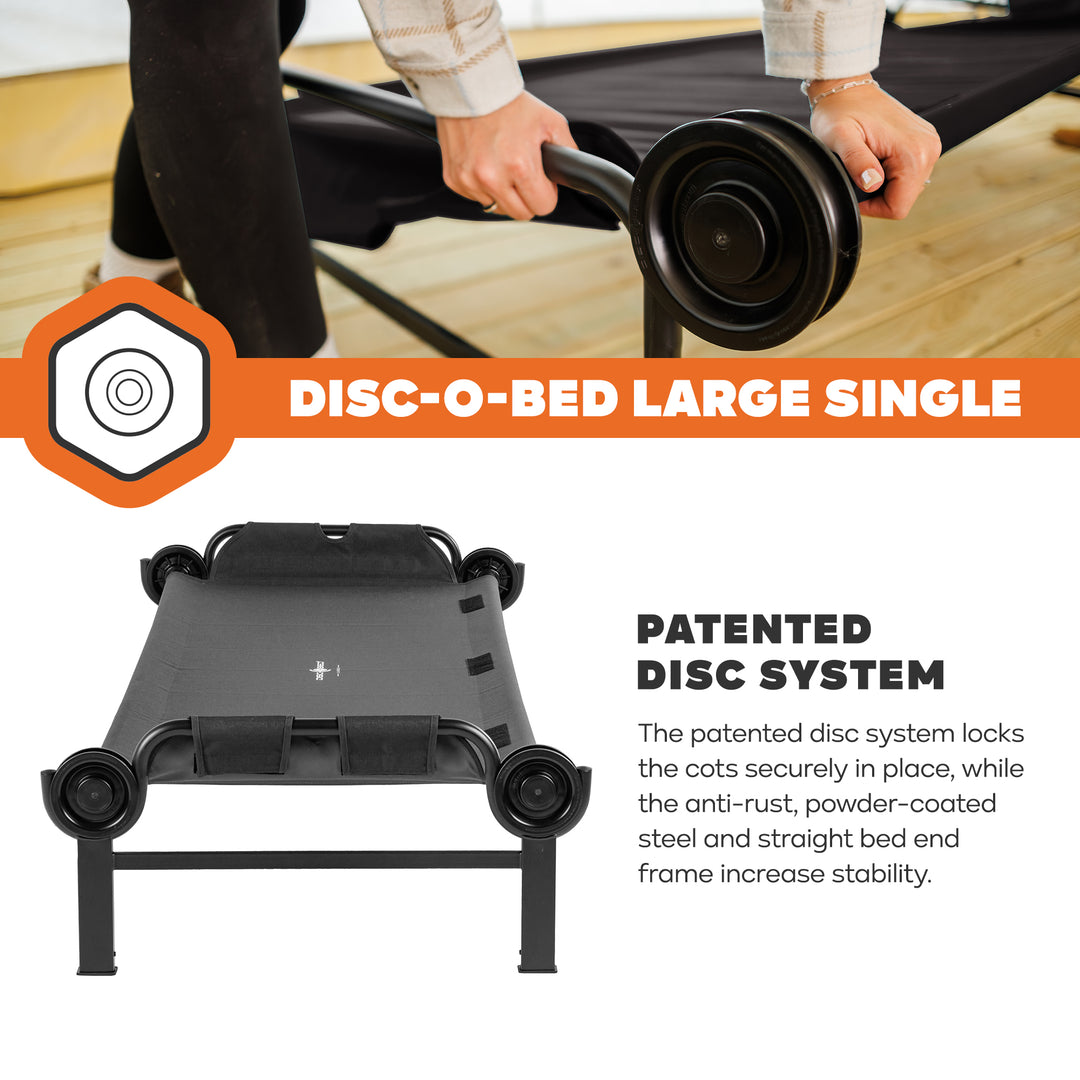 Disc-O-Bed Single Cot, Portable Sleep Solution for Tents & Cabins, Black, Large