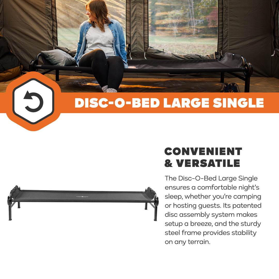Disc-O-Bed Single Cot, Portable Sleep Solution for Tents & Cabins, Black, Large