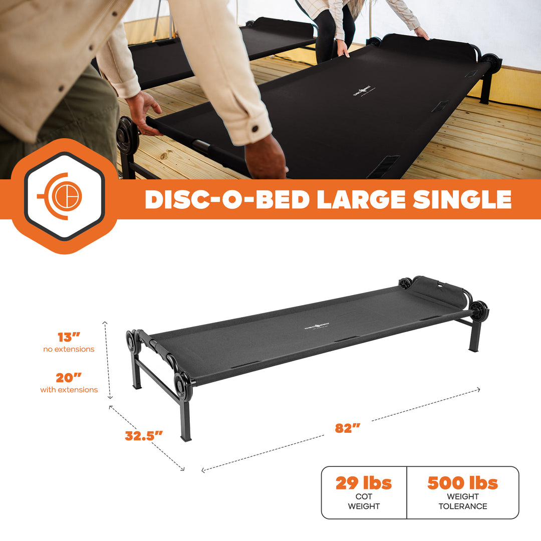 Disc-O-Bed Single Cot, Portable Sleep Solution for Tents & Cabins, Black, Large