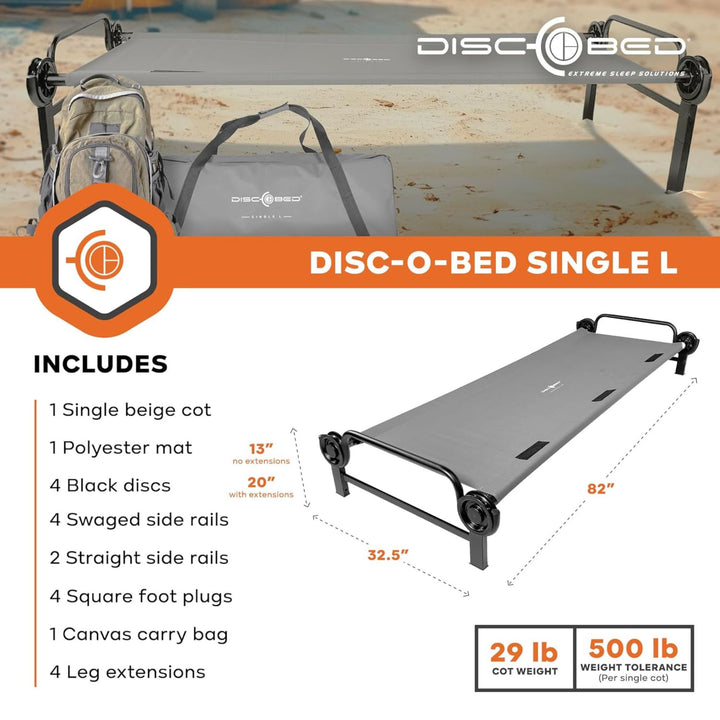 Disc-O-Bed Single Cot, Portable Sleep Solution for Tents & Cabins, Grey, Large